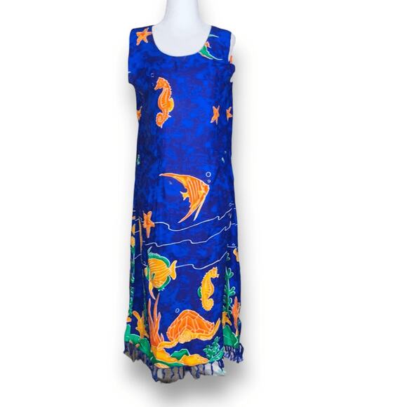 Vintage 90s In Gear Blue Ocean Fish Print Dress Tassel Hem Resort Boho Small - Picture 1 of 12